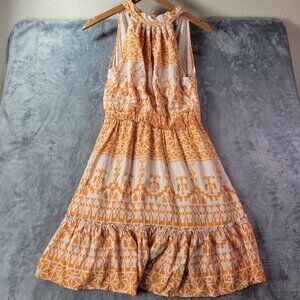 BTFBM Women Orange Geometric Sleeveless Ruffle Hem Mini Dress S Summer Resort
